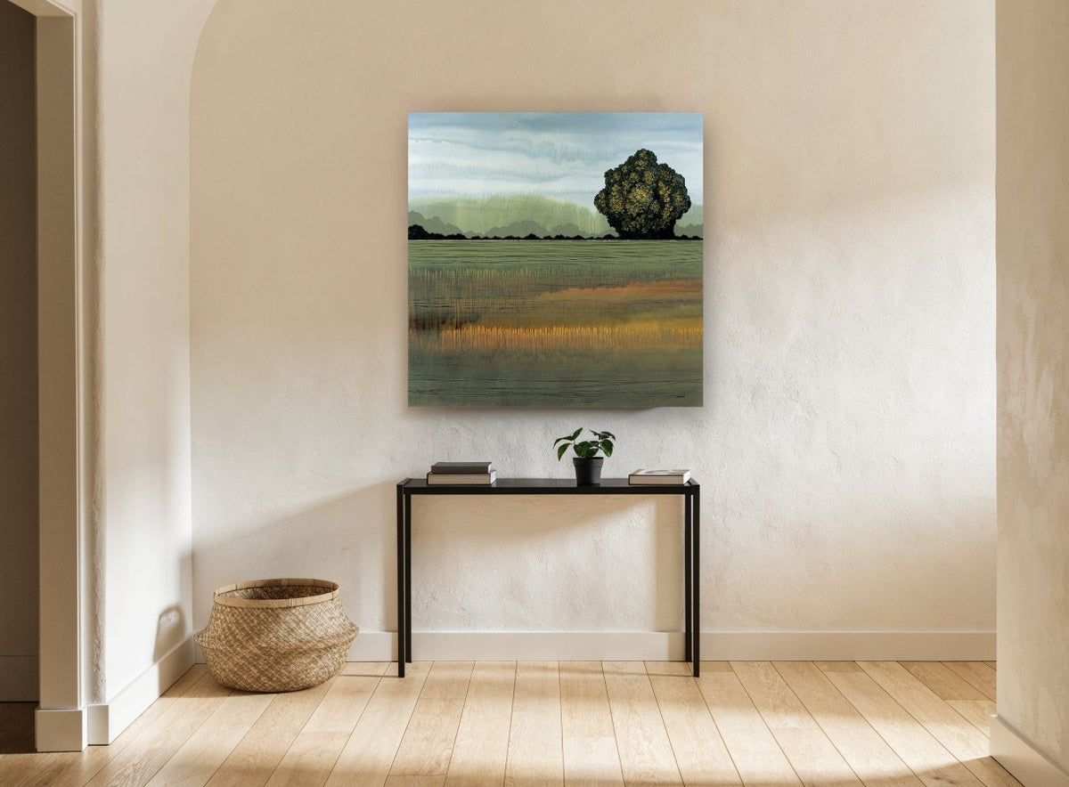 Lone Tree Green Field floral canvas print on the wall of a hallway