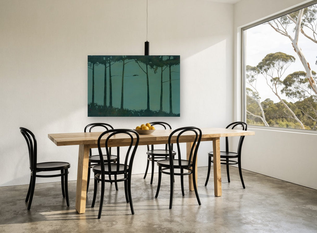 Teal Grove Silhouettes floral canvas print on the wall of a dining room