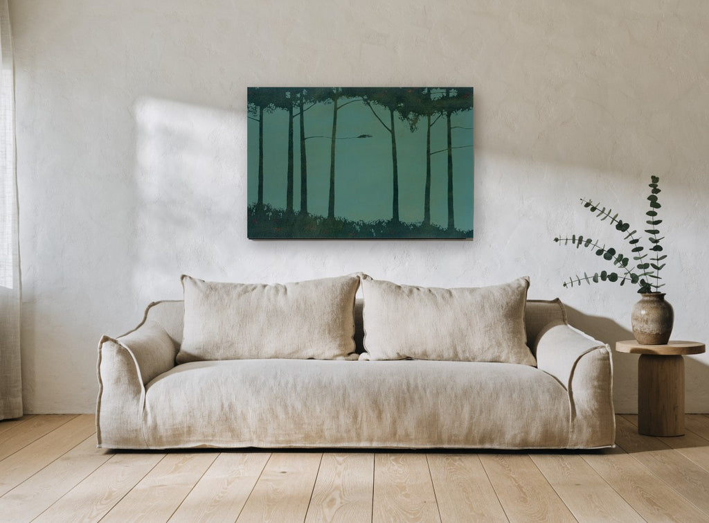 Teal Grove Silhouettes floral canvas print on the wall of a living room