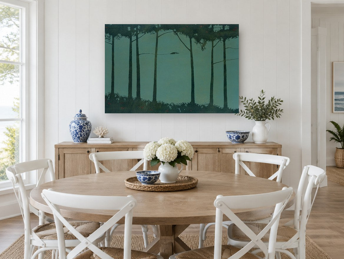 Teal Grove Silhouettes floral canvas print on the wall of a Hamptons dining room