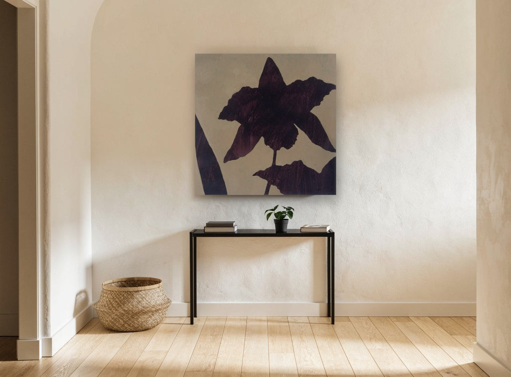 Aubergine Orchid Silhouette floral canvas print on the wall of a hallway