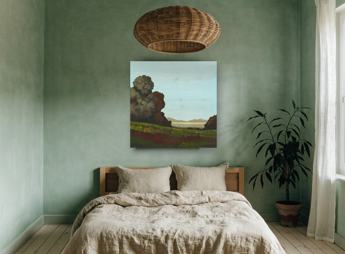 Rust Trees Over Meadow floral canvas print on the wall of a bedroom
