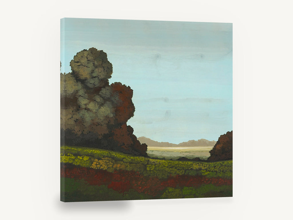 Rust Trees Over Meadow, rust and green meadow landscape painting, floral canvas wall art print ready to hang