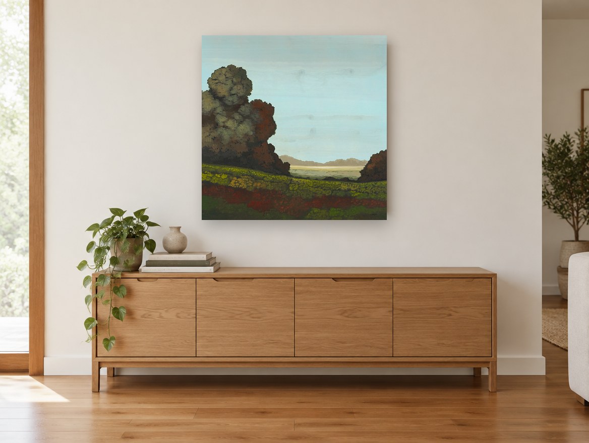 Rust Trees Over Meadow floral canvas print on the wall of a living room above a sideboard