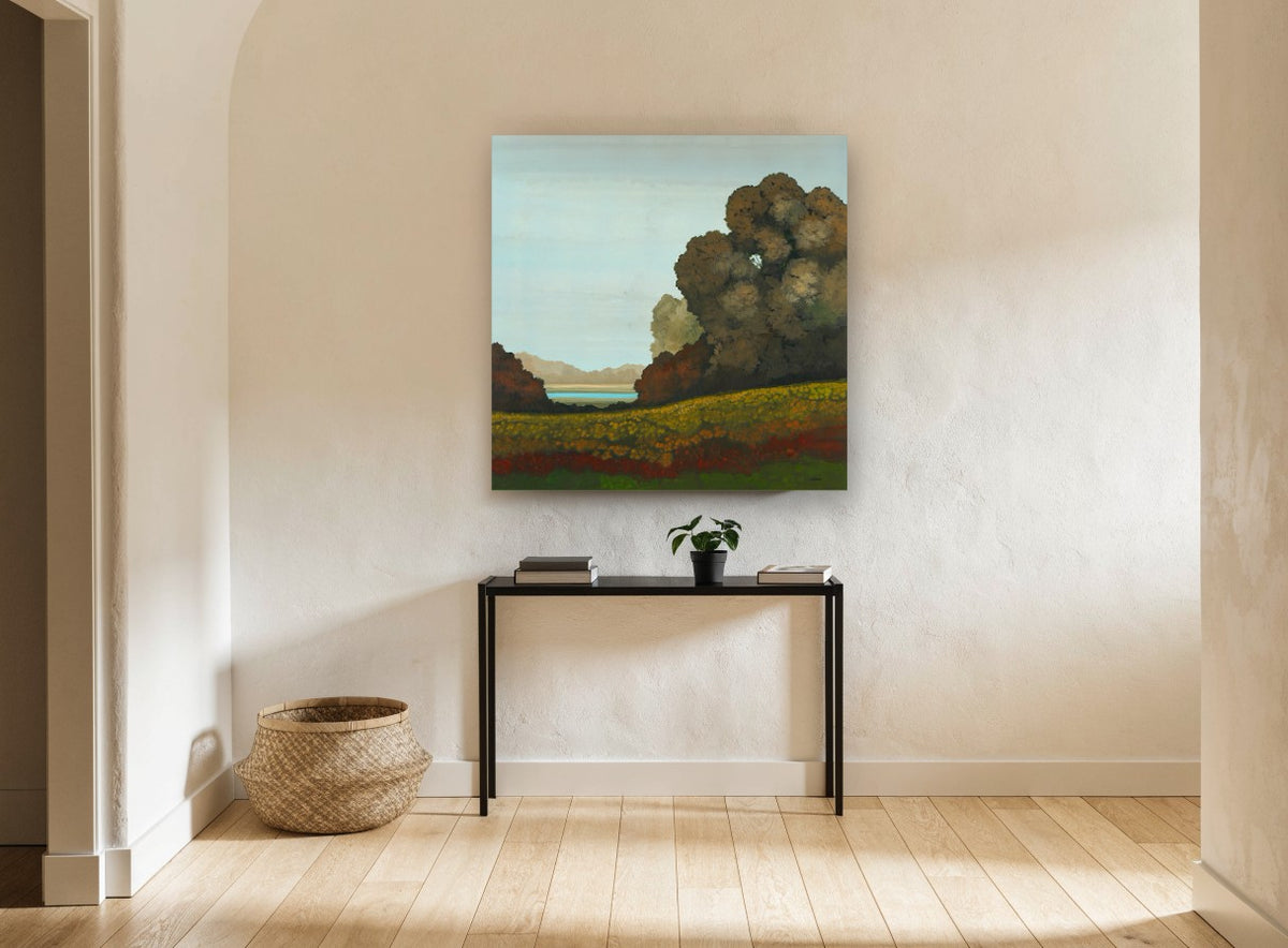 Meadow Beyond the Oaks floral canvas print on the wall of a hallway
