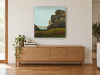 Meadow Beyond the Oaks floral canvas print on the wall of a living room above a sideboard