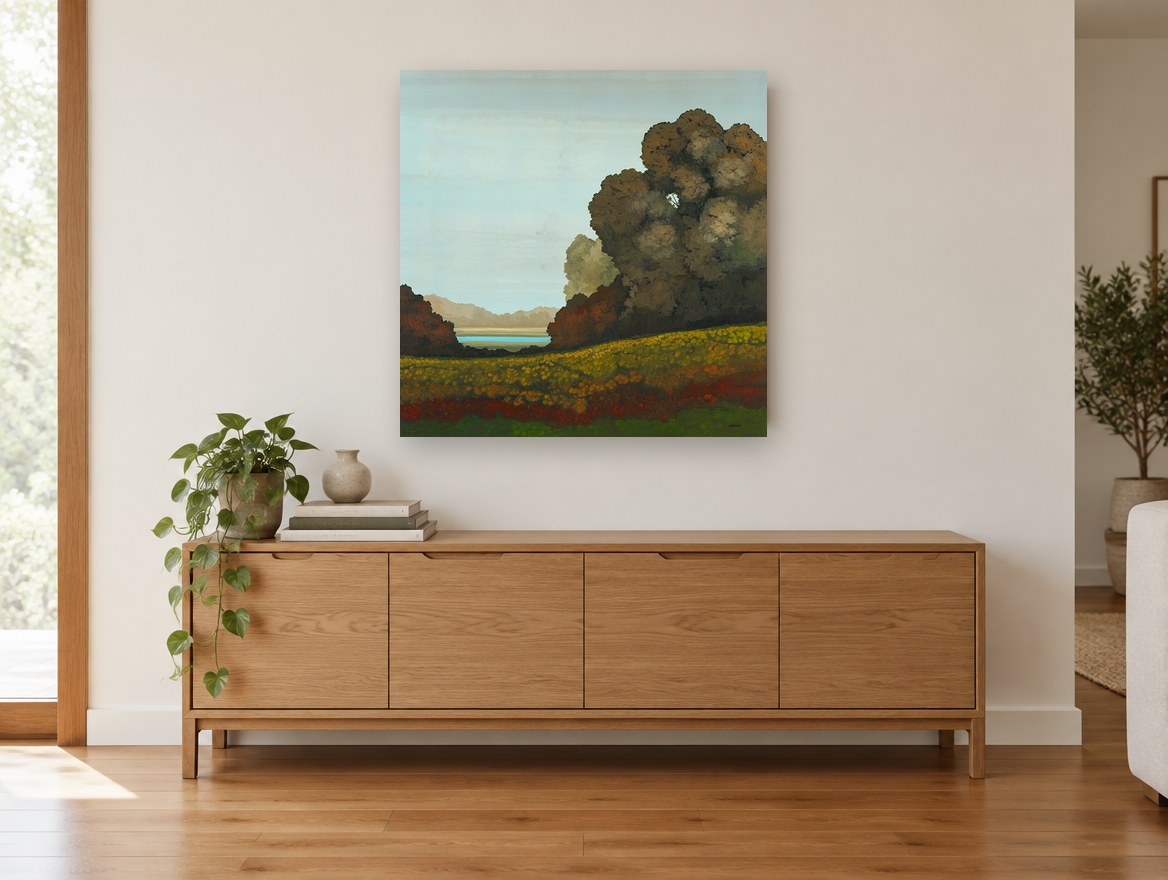 Meadow Beyond the Oaks floral canvas print on the wall of a living room above a sideboard
