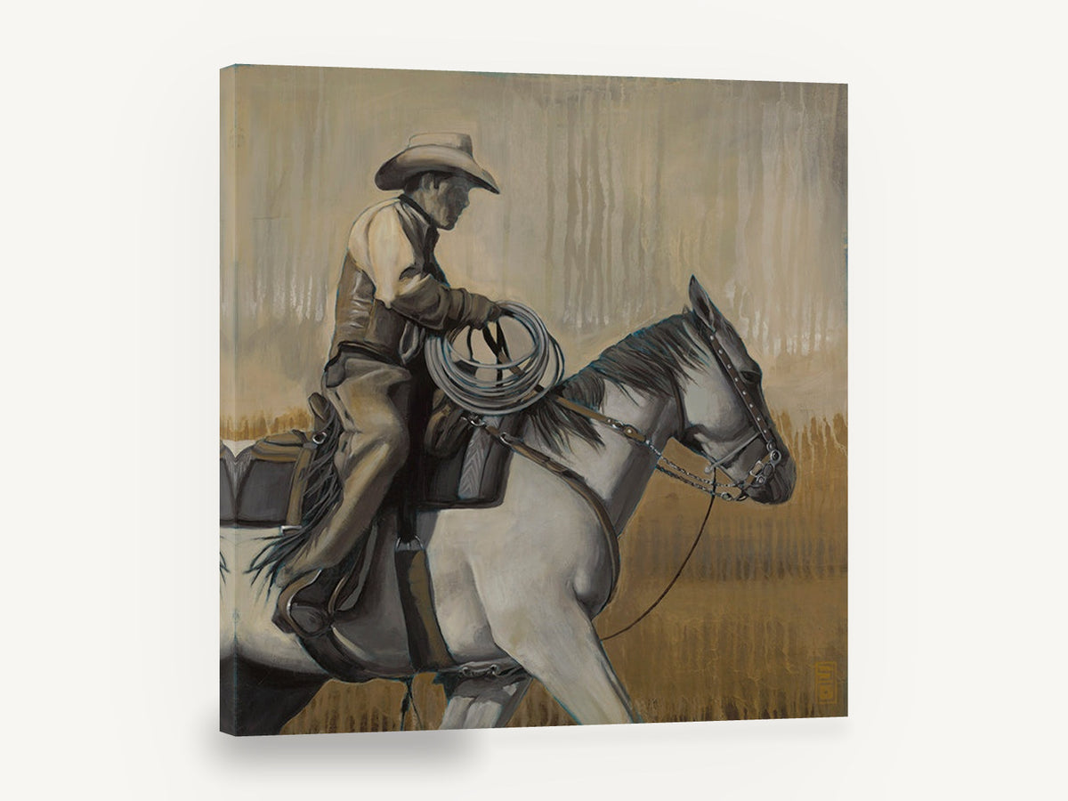 Cowboy on Grey Horse, retro cowboy on horseback western, stretched canvas wall art print ready to hang