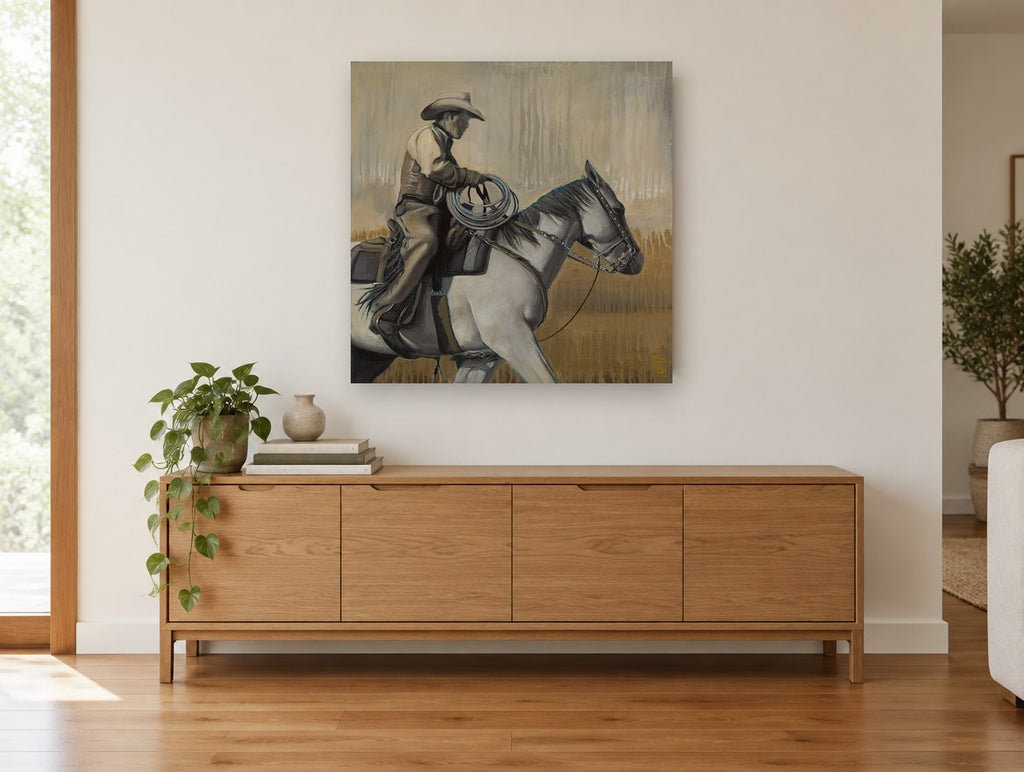 Cowboy on Grey Horse vintage canvas print on the wall of a living room above a sideboard