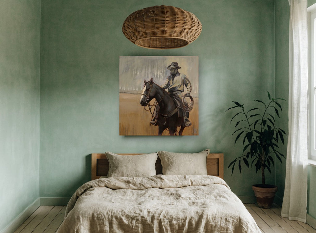 Rider With Lariat vintage canvas print on the wall of a bedroom