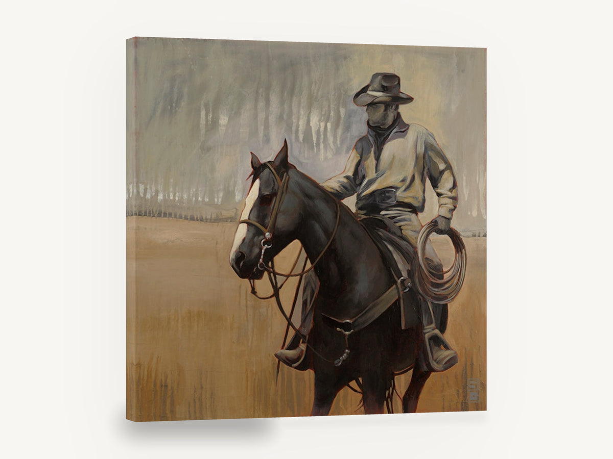 Rider With Lariat, retro cowboy on horseback western, stretched canvas wall art print ready to hang