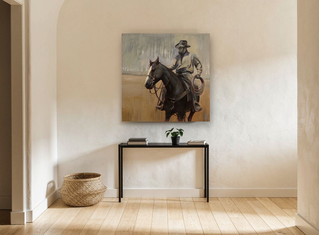 Rider With Lariat vintage canvas print on the wall of a hallway