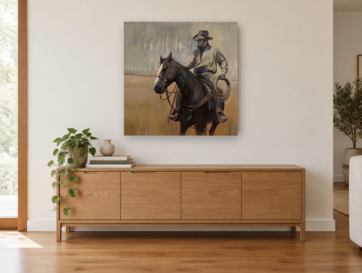 Rider With Lariat vintage canvas print on the wall of a living room above a sideboard