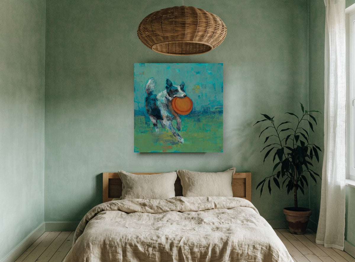 Frisbee Catch vintage canvas print on the wall of a bedroom