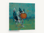 Frisbee Catch, retro blue heelers dog frisbee, stretched canvas wall art print ready to hang
