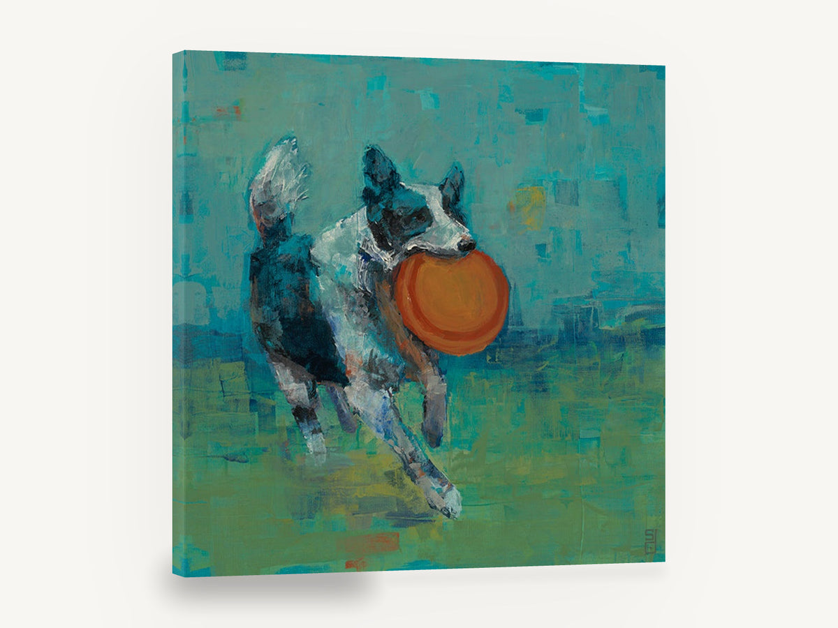 Frisbee Catch, retro blue heelers dog frisbee, stretched canvas wall art print ready to hang