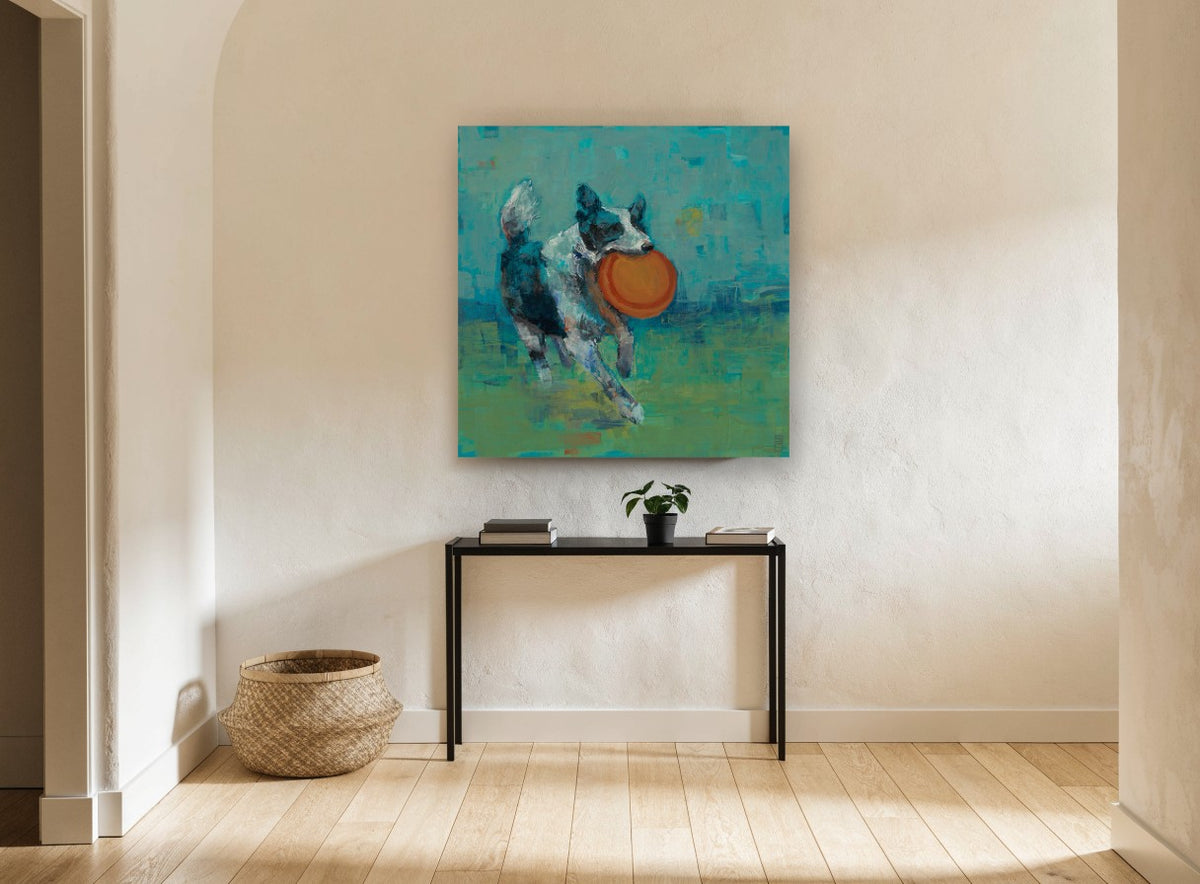 Frisbee Catch vintage canvas print on the wall of a hallway
