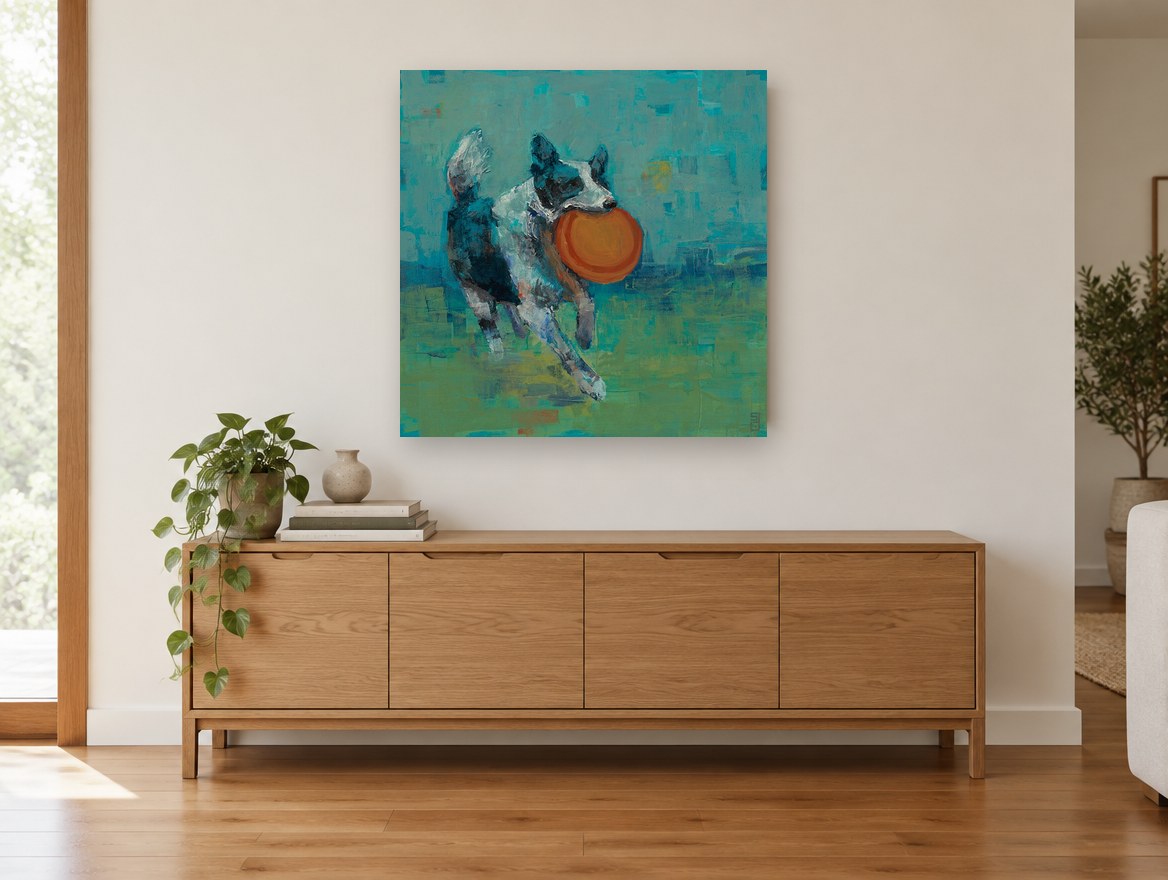 Frisbee Catch vintage canvas print on the wall of a living room above a sideboard