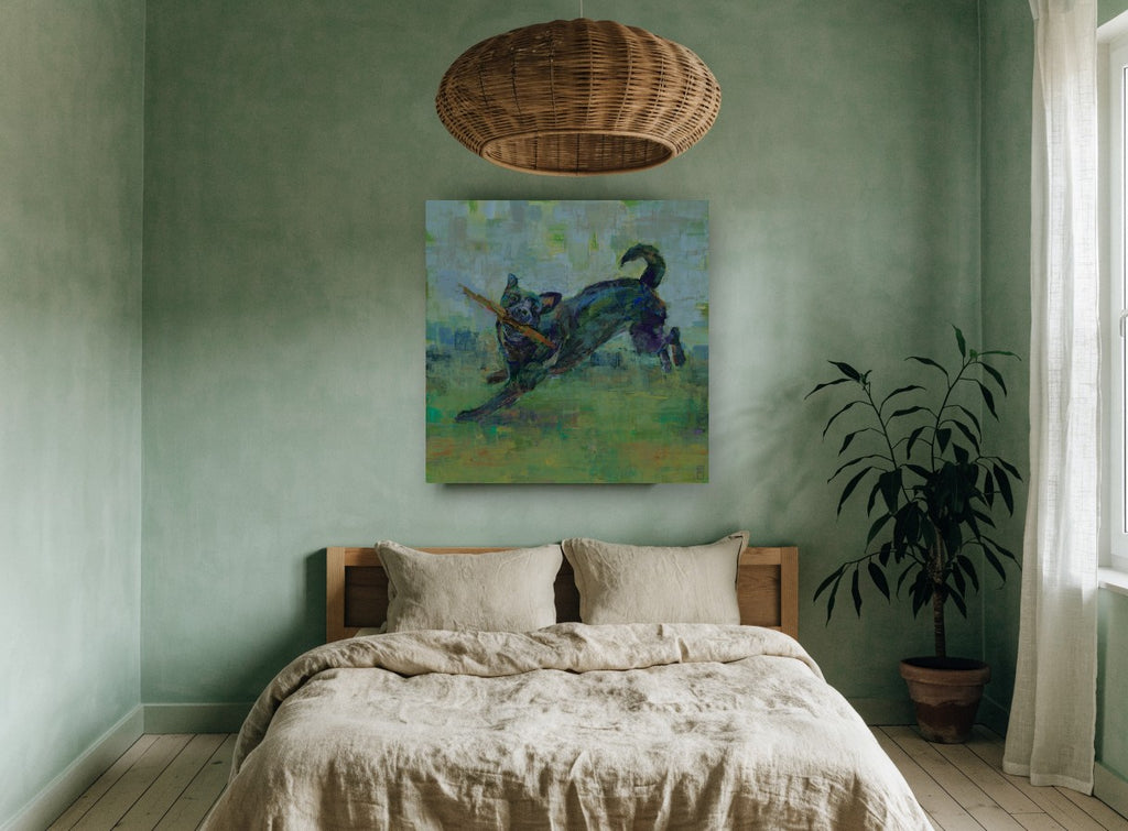Stick Run Dog vintage canvas print on the wall of a bedroom