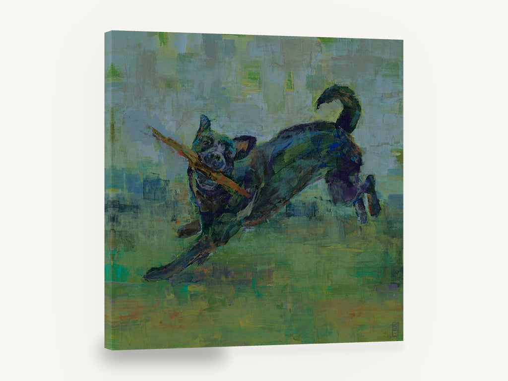 Stick Run Dog, modern black dog playing with stick art, stretched canvas wall art print ready to hang