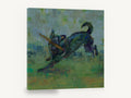 Stick Run Dog, modern black dog playing with stick art, stretched canvas wall art print ready to hang