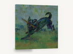 Stick Run Dog, modern black dog playing with stick art, stretched canvas wall art print ready to hang