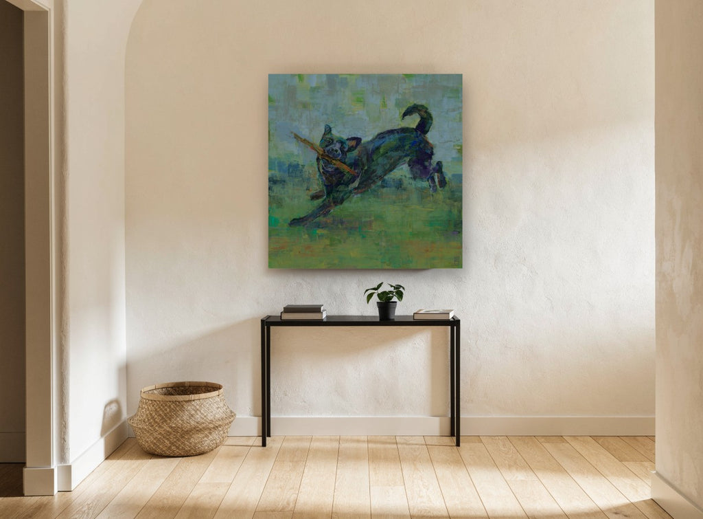 Stick Run Dog vintage canvas print on the wall of a hallway