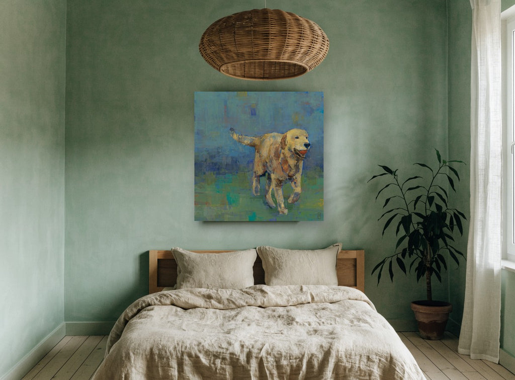 Golden Retriever Fetch vintage canvas print on the wall of a bedroom