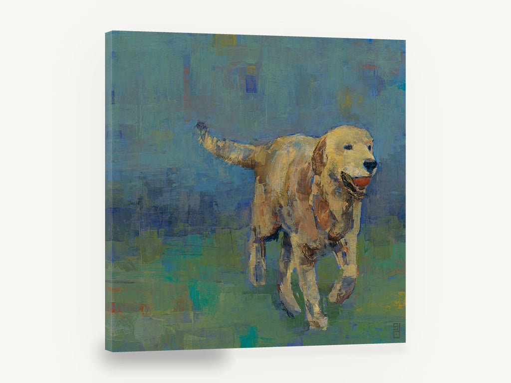 Golden Retriever Fetch, retro golden retriever dog, stretched canvas wall art print ready to hang