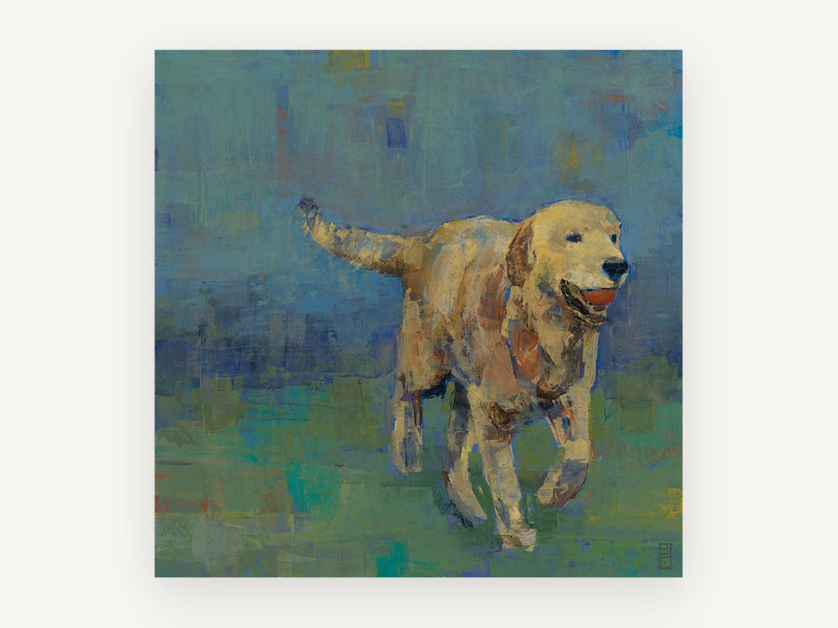 Golden Retriever Fetch, vintage canvas wall art print, front view