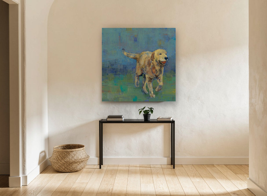Golden Retriever Fetch vintage canvas print on the wall of a hallway