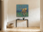 Golden Retriever Fetch vintage canvas print on the wall of a hallway