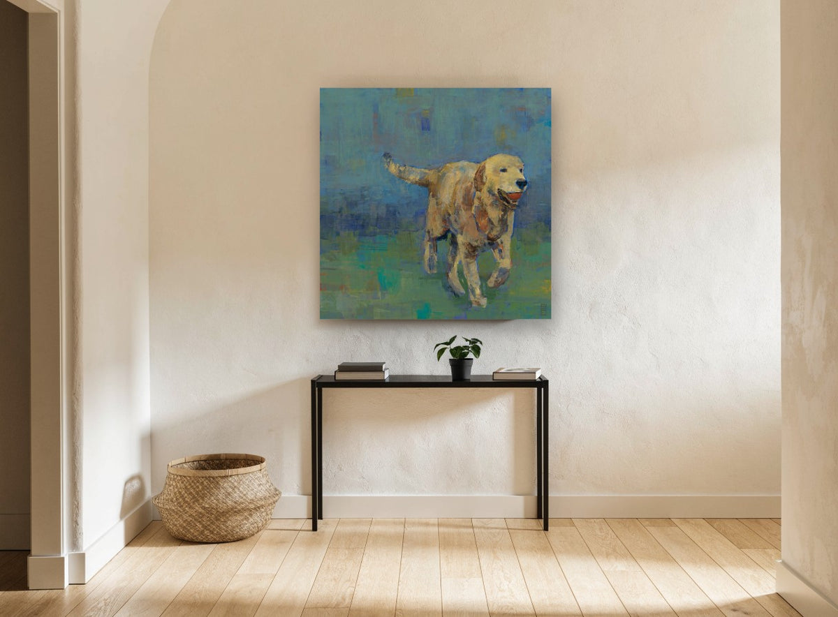 Golden Retriever Fetch vintage canvas print on the wall of a hallway