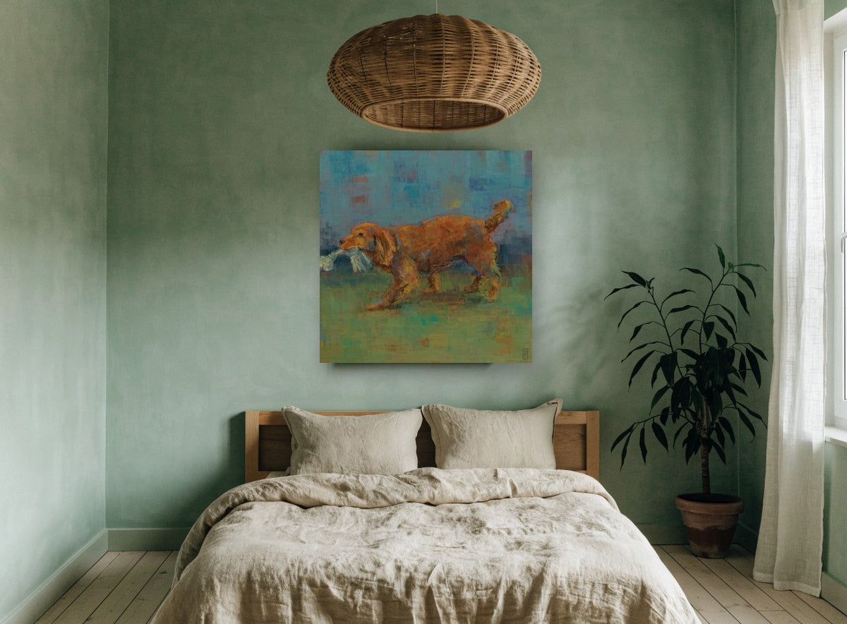 Rope Toy Retriever vintage canvas print on the wall of a bedroom