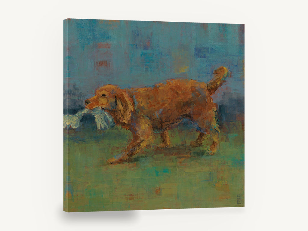 Rope Toy Retriever, golden retriever dog playing art, stretched canvas wall art print ready to hang