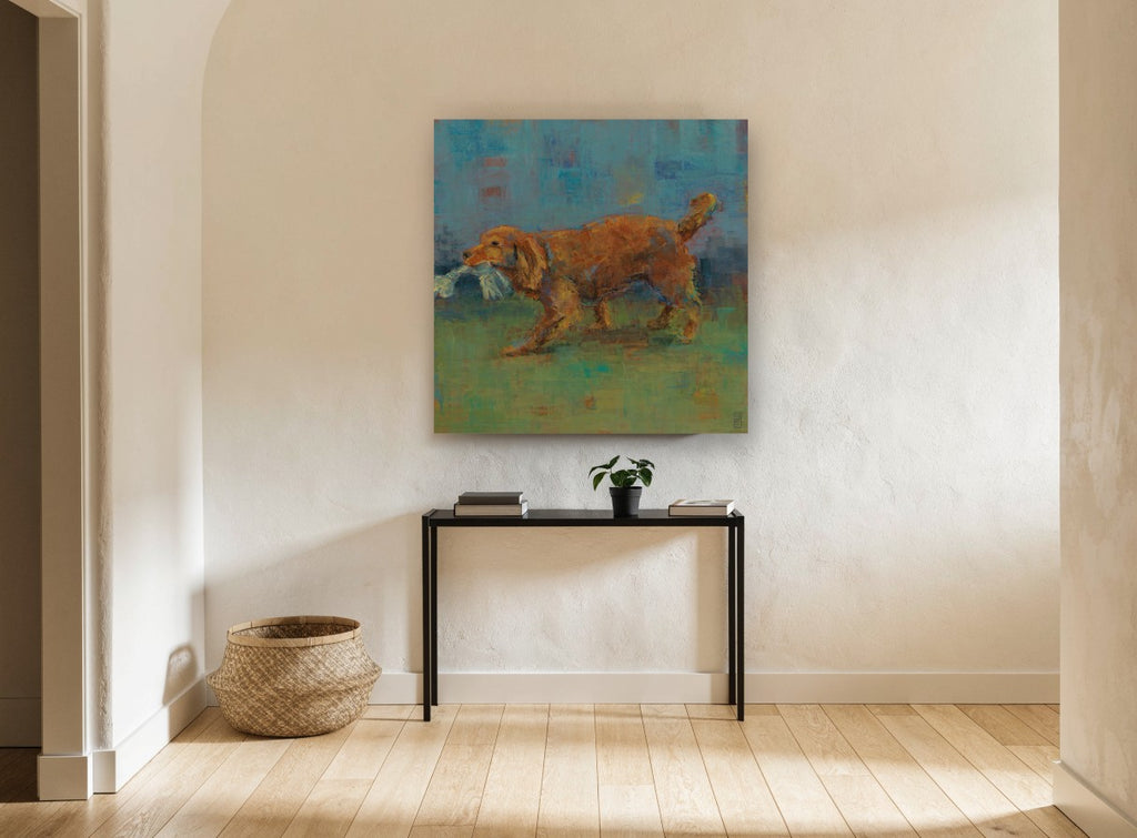 Rope Toy Retriever vintage canvas print on the wall of a hallway