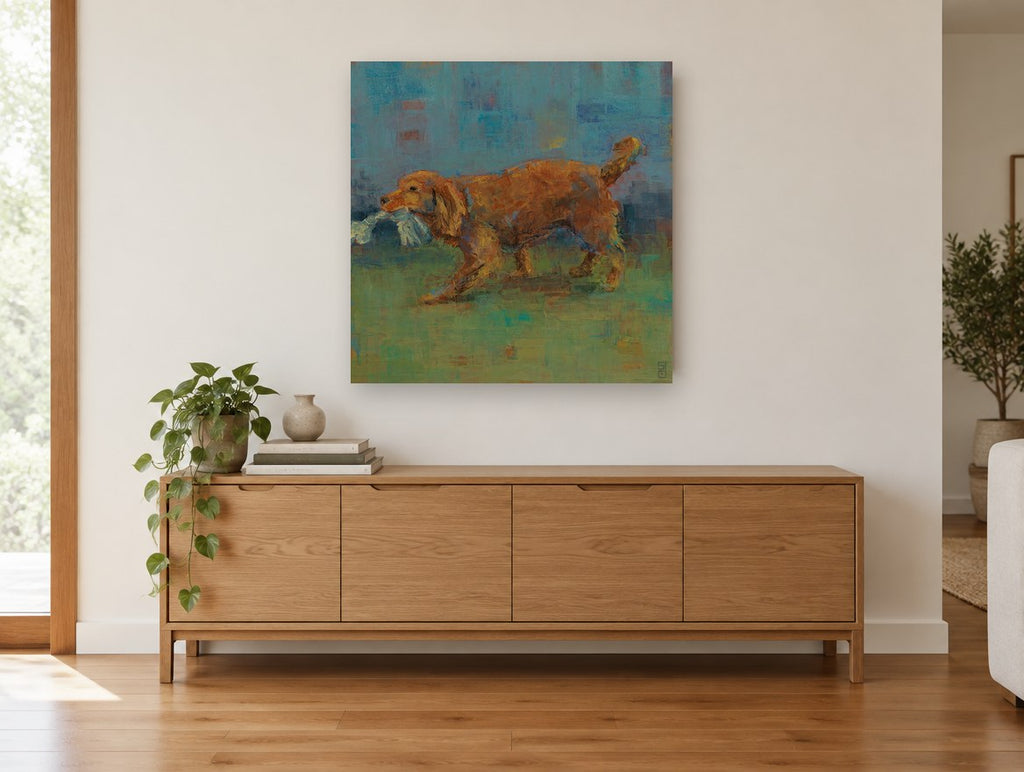 Rope Toy Retriever vintage canvas print on the wall of a living room above a sideboard
