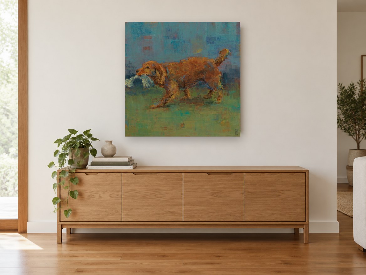 Rope Toy Retriever vintage canvas print on the wall of a living room above a sideboard