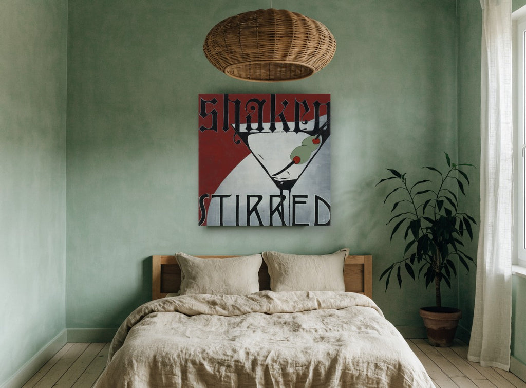 Shaken or Stirred Martini vintage canvas print on the wall of a bedroom