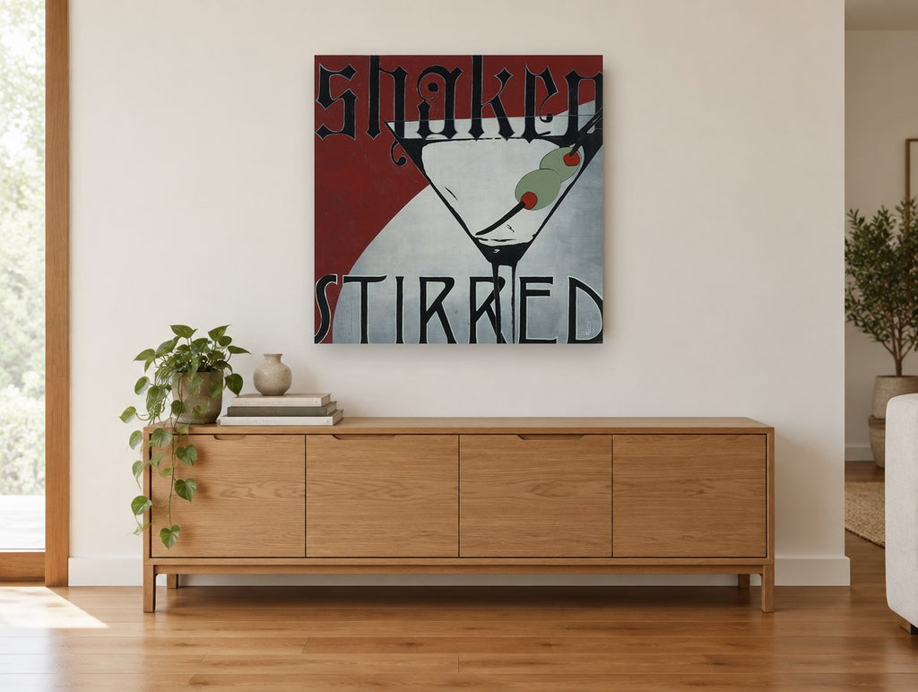 Shaken or Stirred Martini vintage canvas print on the wall of a living room above a sideboard