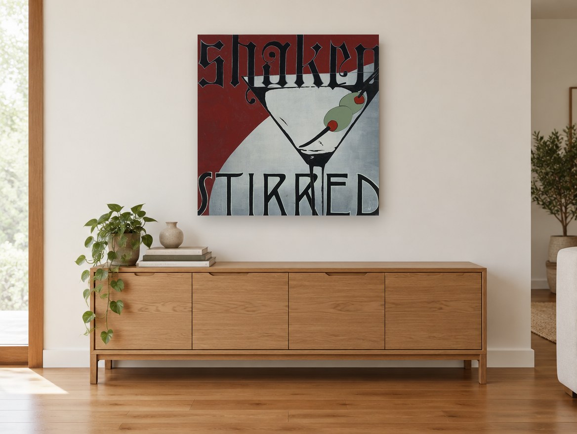 Shaken or Stirred Martini vintage canvas print on the wall of a living room above a sideboard
