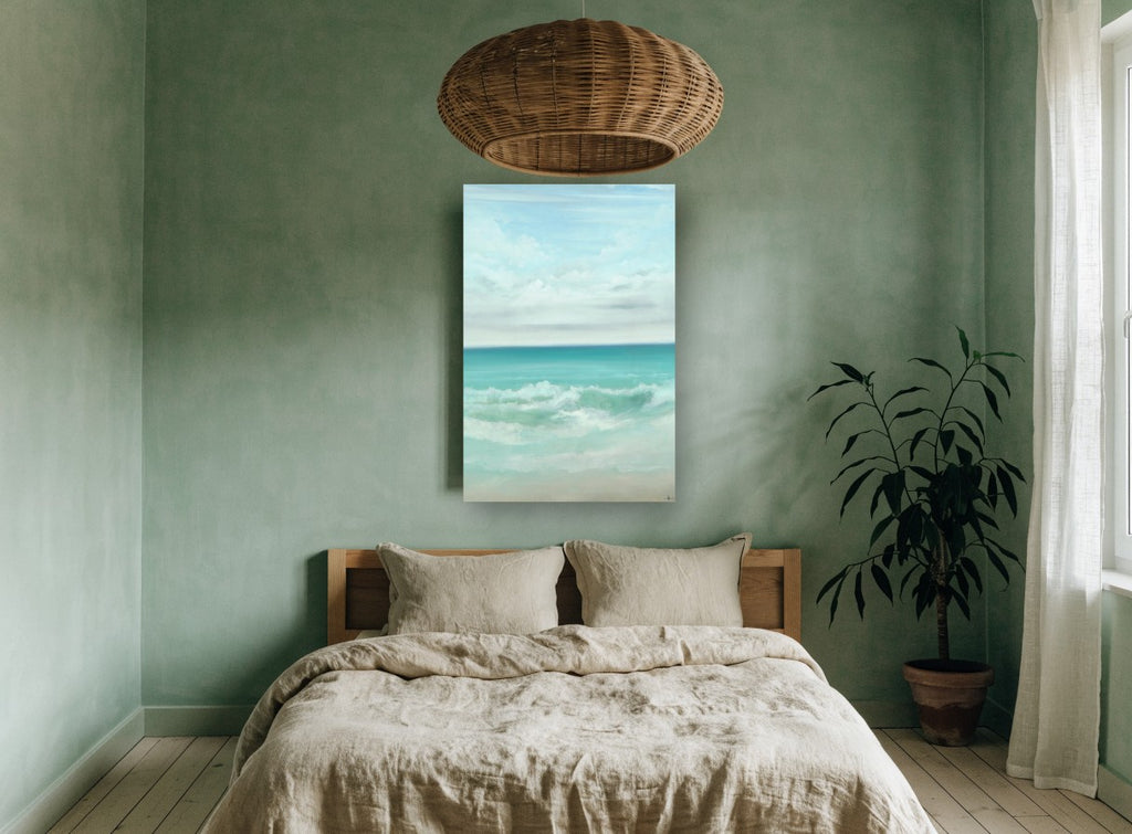Aqua Shore Break coastal canvas print on the wall of a bedroom