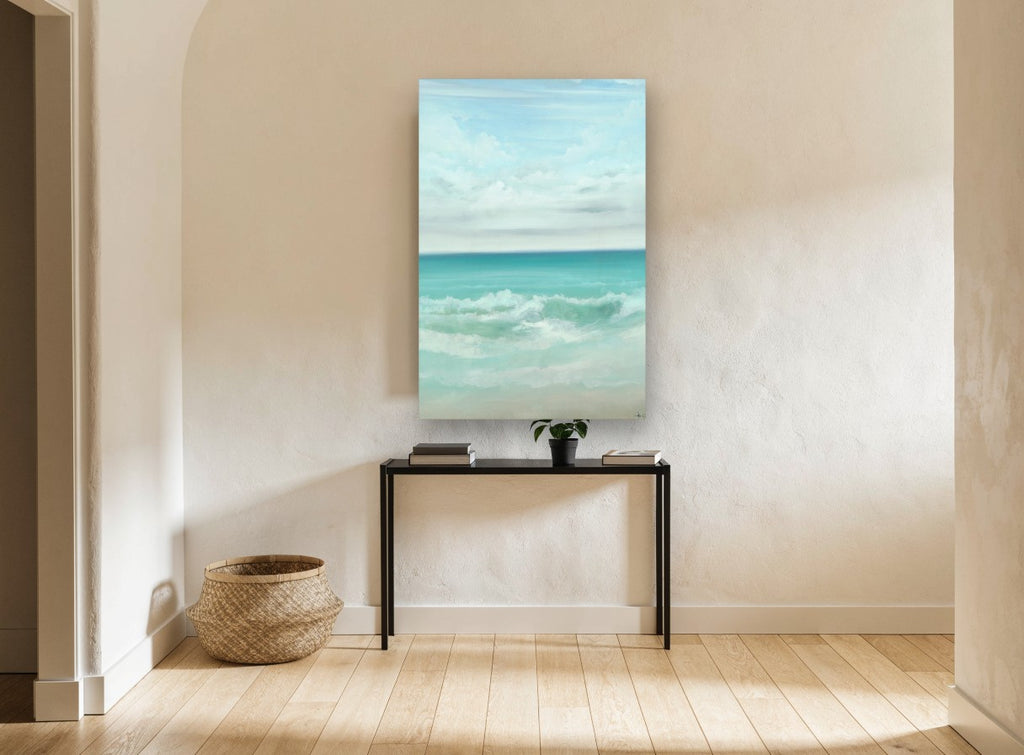 Aqua Shore Break coastal canvas print on the wall of a hallway