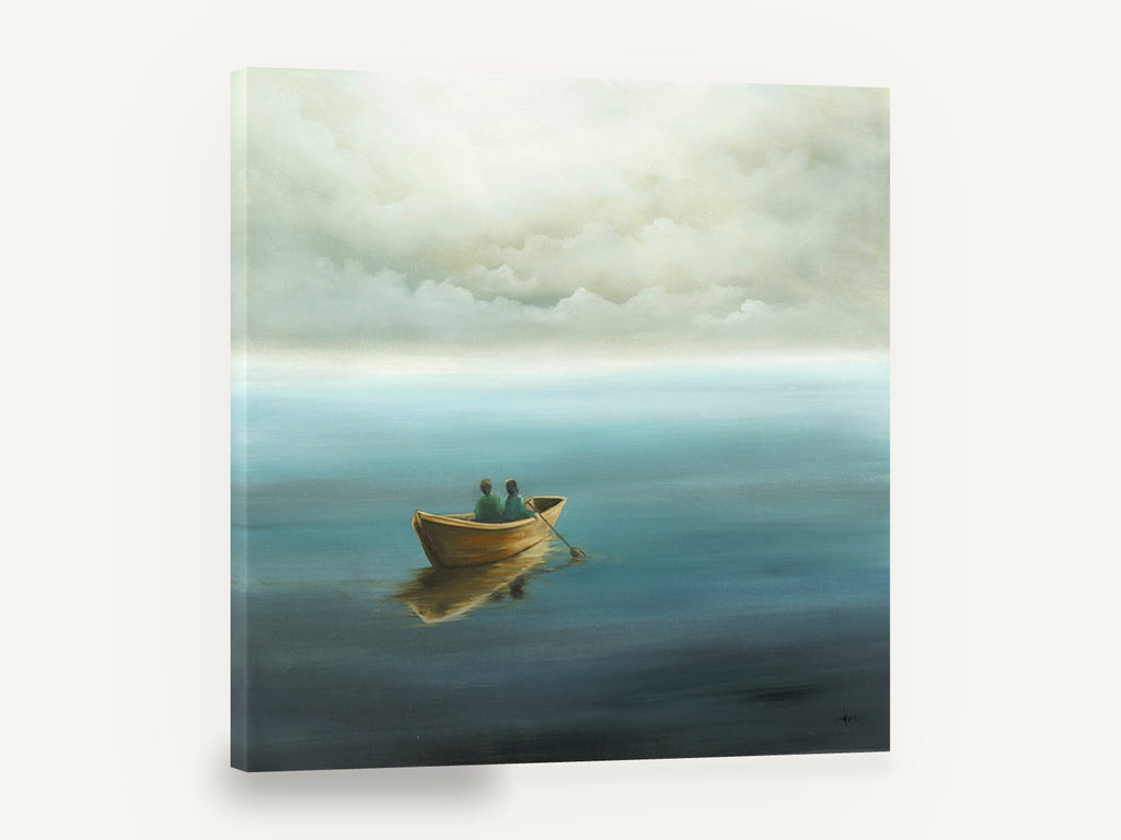 Two in a Rowboat, two people rowboat calm sea painting, coastal canvas wall art print ready to hang