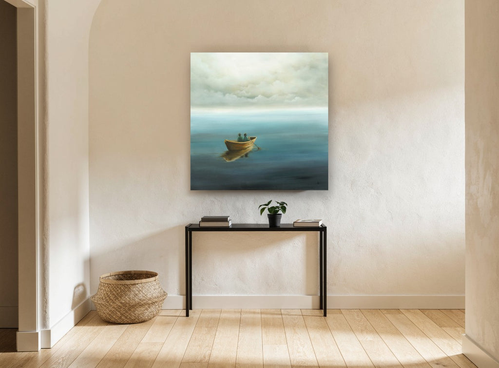 Two in a Rowboat coastal canvas print on the wall of a hallway
