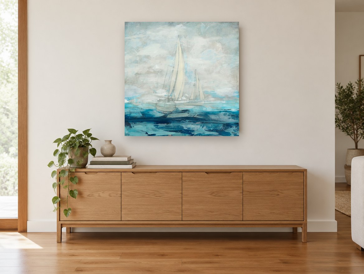 Sails in Soft Blue coastal canvas print on the wall of a living room above a sideboard
