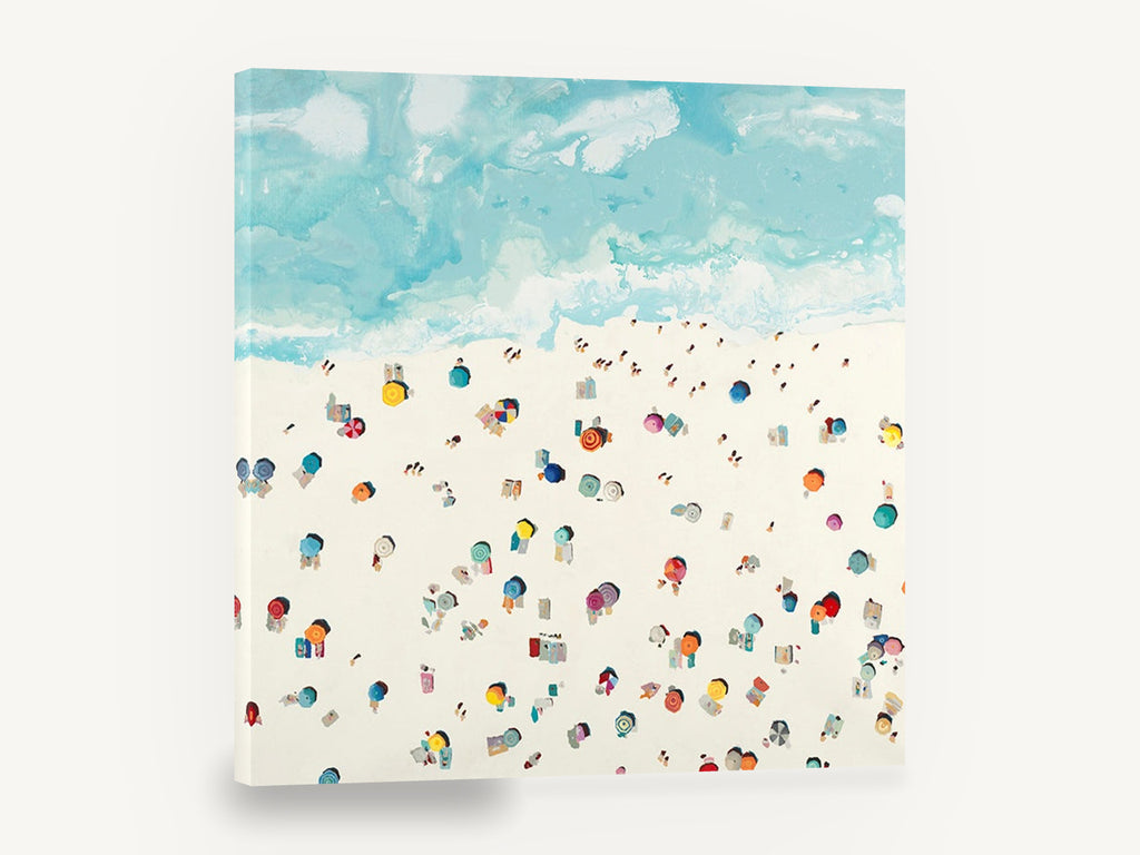 Sunbathers on Pale Sand, aerial beach umbrellas seascape painting, coastal canvas wall art print ready to hang