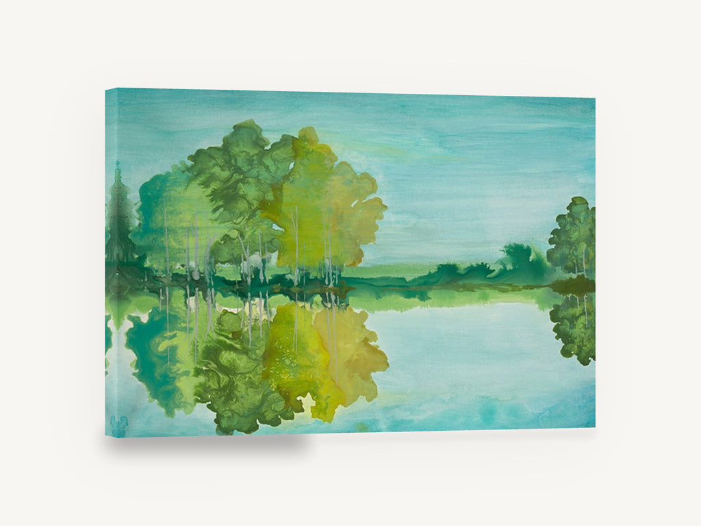 Teal Lake Reflections, green trees lake reflection artwork, landscape canvas wall art print ready to hang
