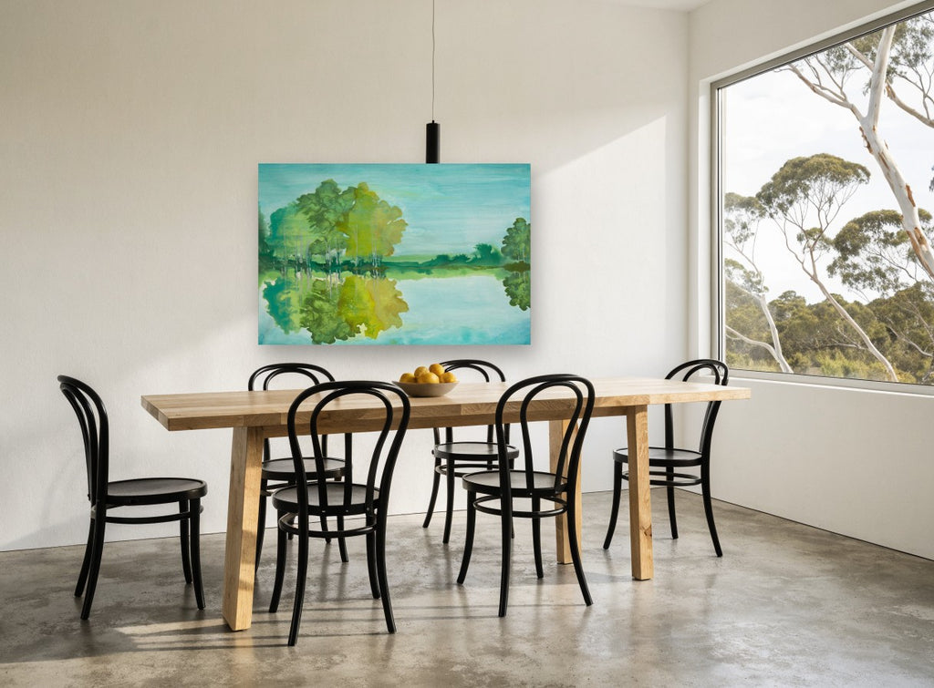 Teal Lake Reflections landscape canvas print on the wall of a dining room