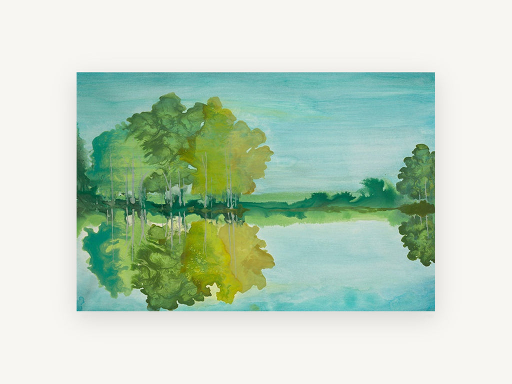 Teal Lake Reflections, green trees lake reflection artwork, landscape canvas wall art print, front view